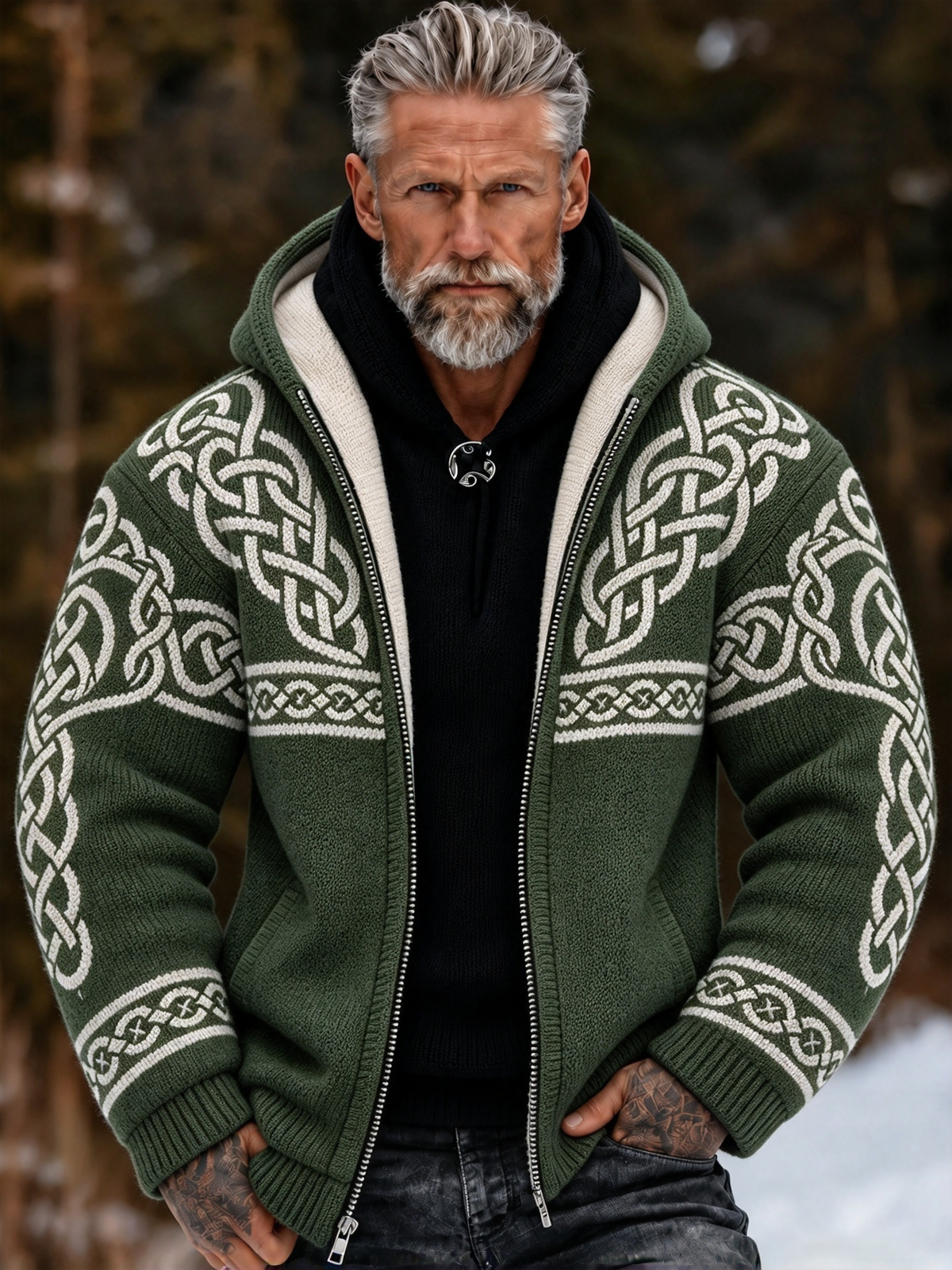 Men's Vintage Viking Celtic Knot Cozy Warm Knitted Jacquard Zipper Hooded Sweater