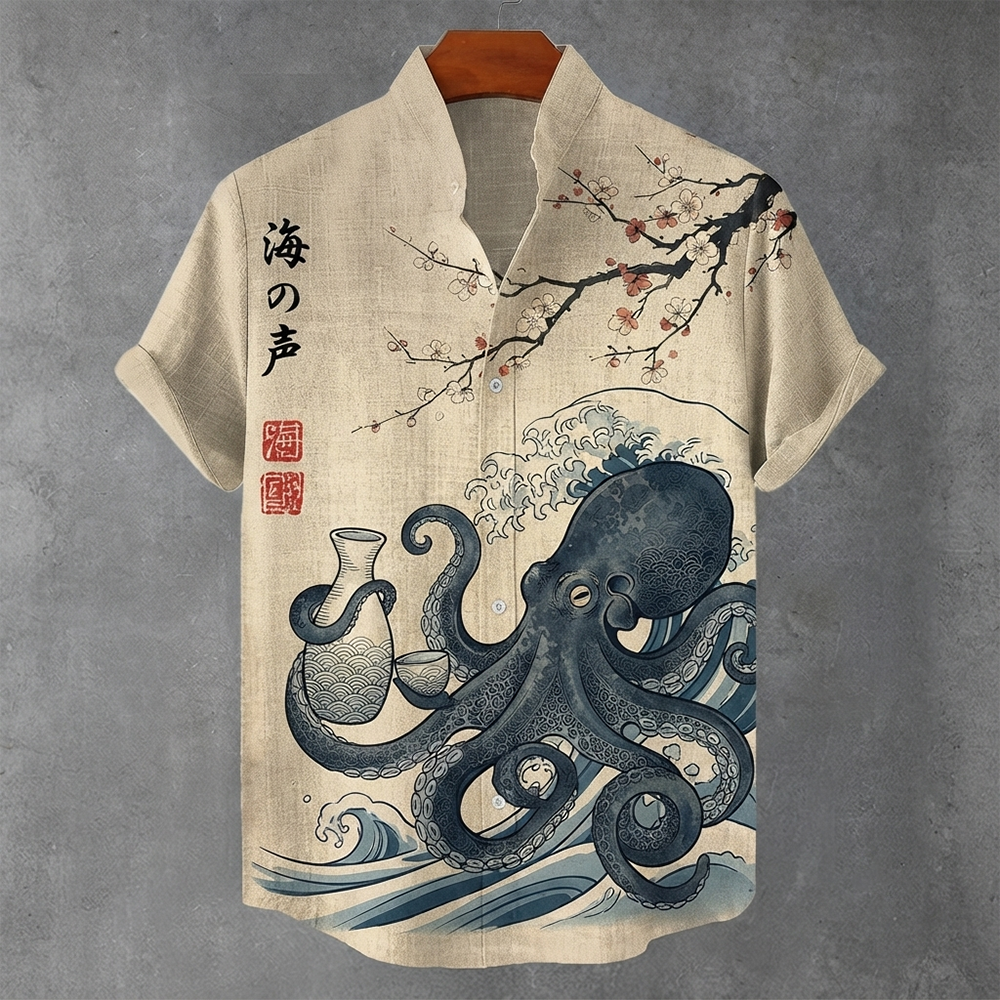 Men's Japanese Octopus, Sake Bottle & Wave Print Short-sleeve Shirt
