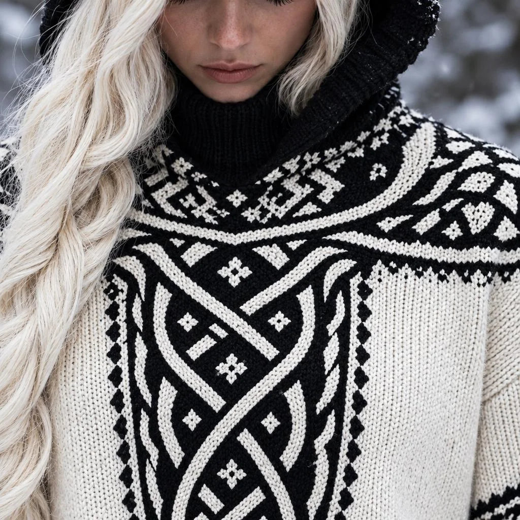 Women's Nordic Celtic Knot Pattern Relaxed Fit Hooded Long Sleeve Knit Pullover Sweater