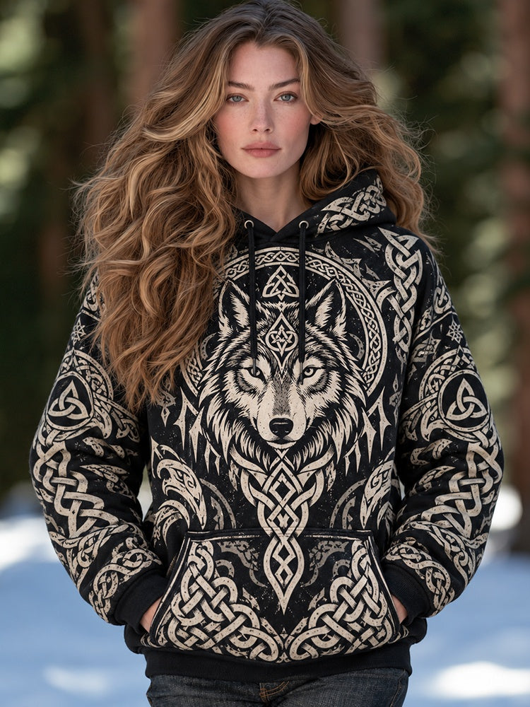 Women's Vintage Viking Wolf & Celtic Knot Art Print Casual Hoodie