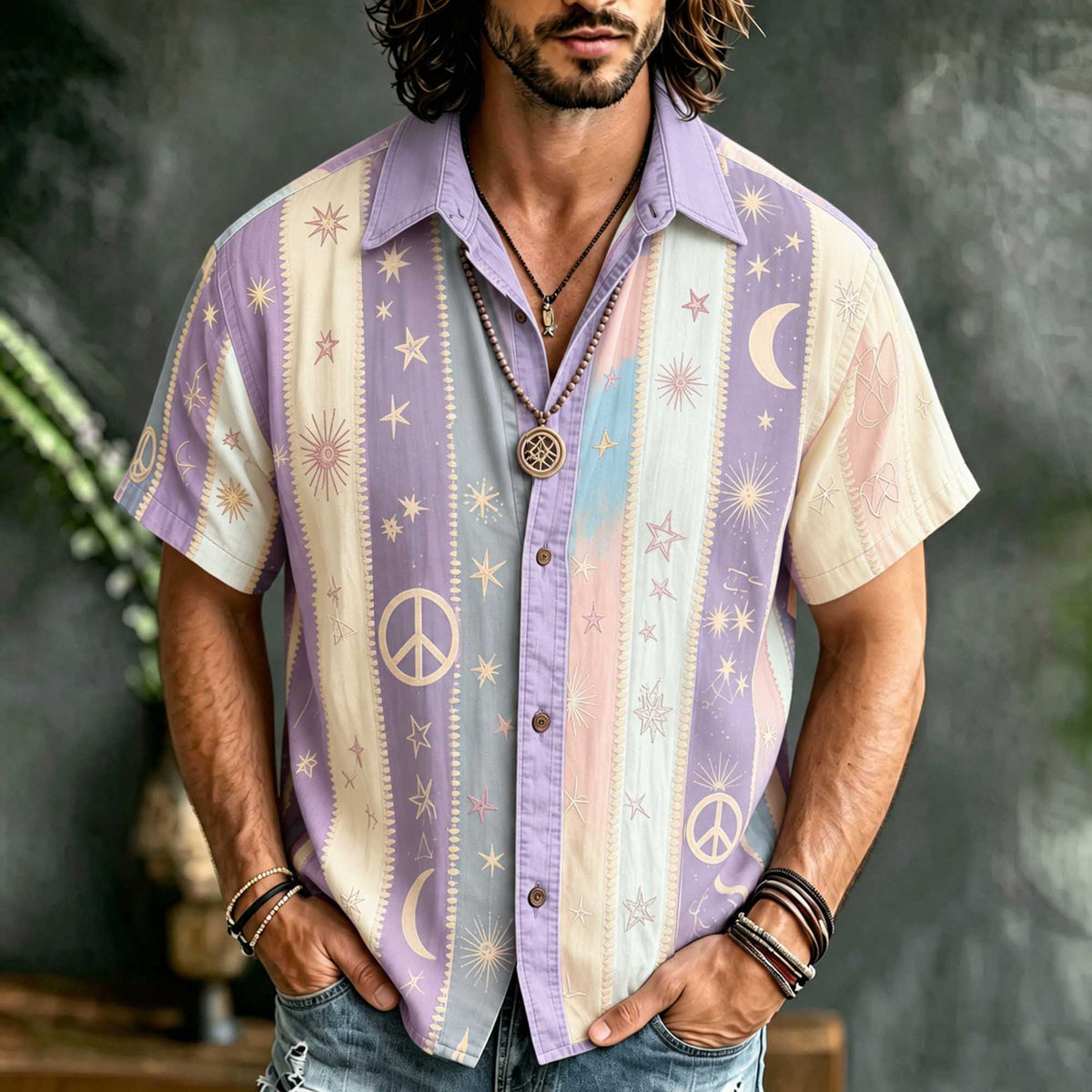 Vintage Hippie Stripe Patchwork Linen Shirt, 3d Embroidery Star & Crescent Casual Summer Short Sleeve Top