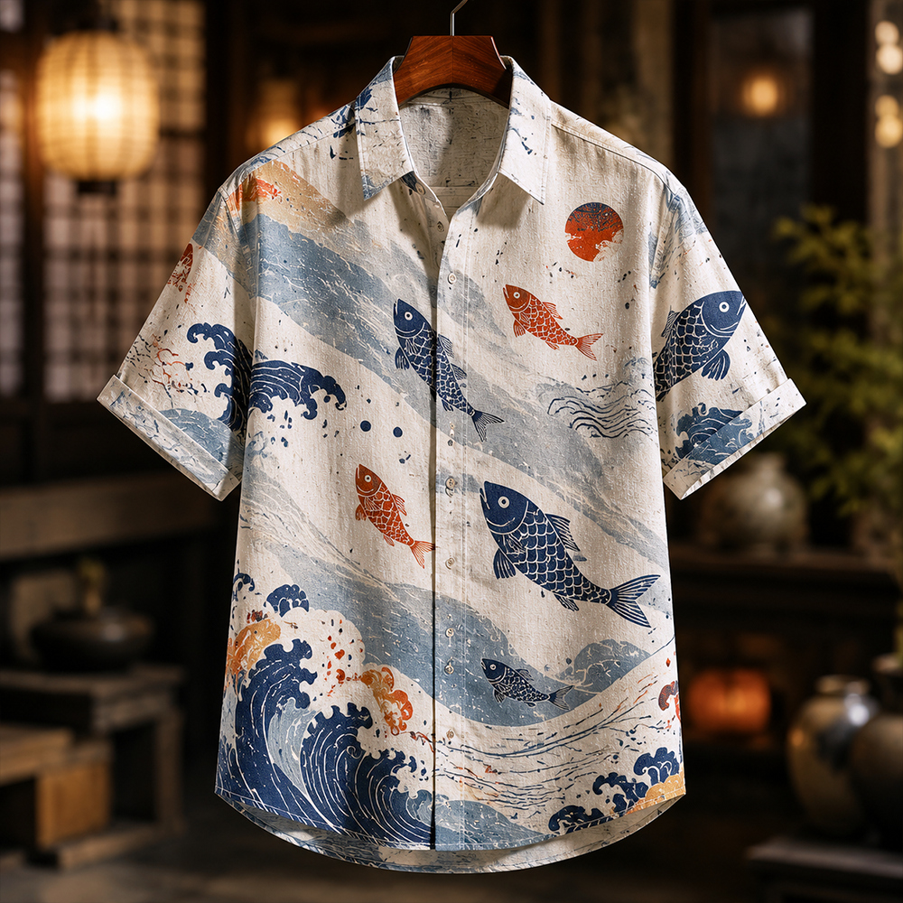 Men's Japanese Vintage Off-white Wave, Fish & Sun Short-sleeve Button-down Shirt