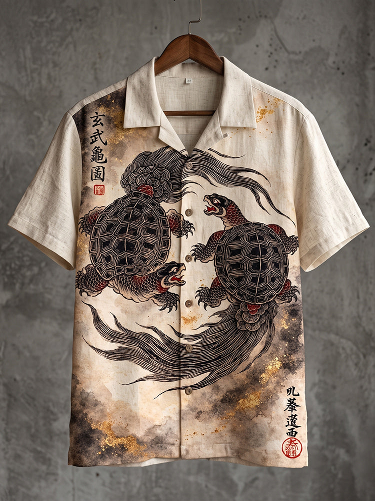 Men's Retro Japanese Turtle Art Print Short Sleeve Shirt