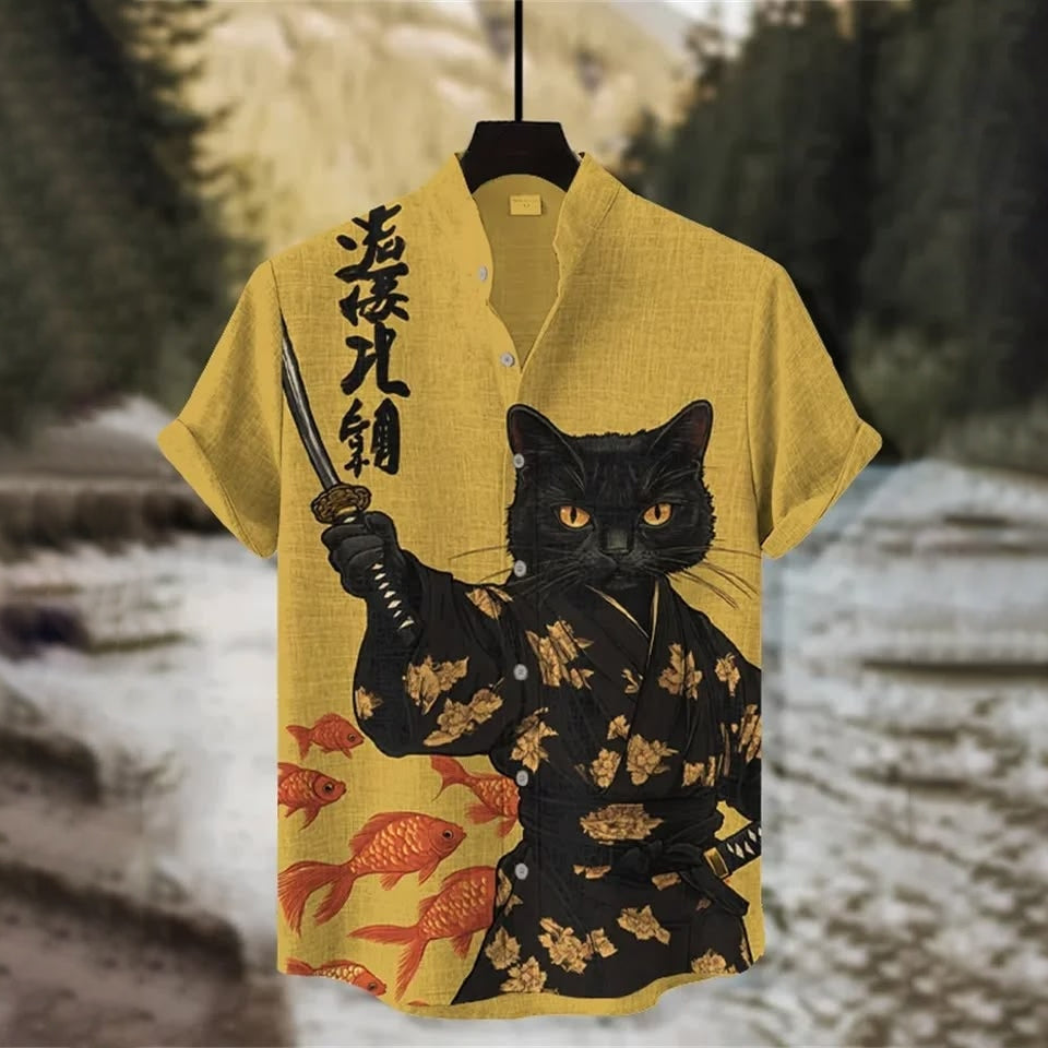 Vintage Japanese Cat Art Print Casual Linen Shirt