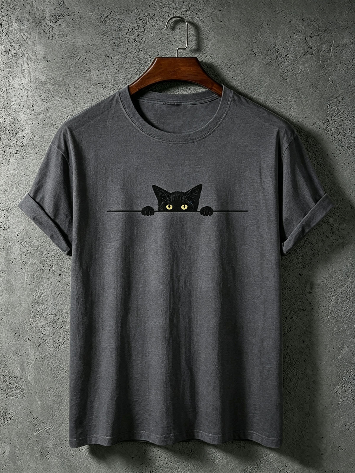 Men's Black Cat Art Print Crew Neck Short Sleeve T-shirt