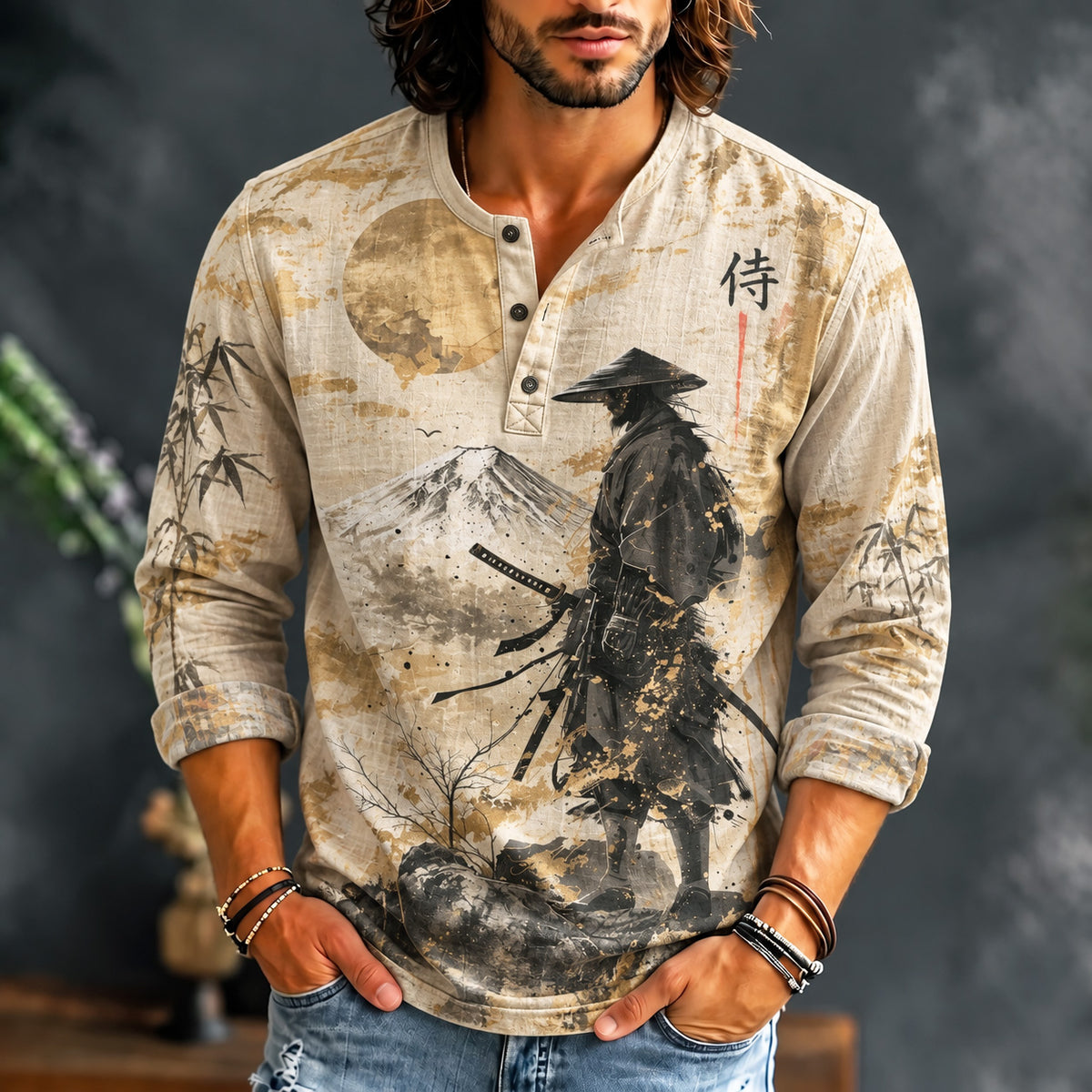 Men's Vintage Samurai Art Print Henley Neck Long Sleeve T-shirt