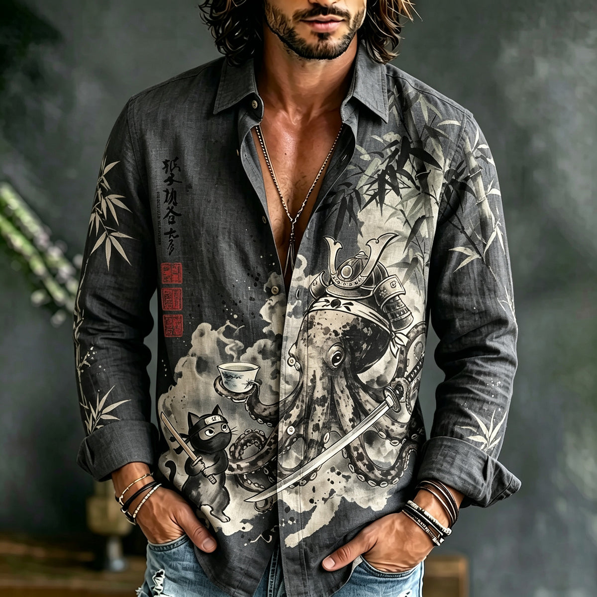 Men's Japanese Octopus Samurai Art Print Long Sleeve Shirt