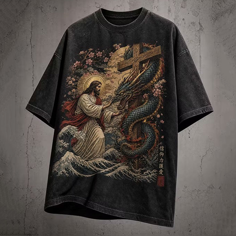 Men's Jesus Dragon Cross Cherry Blossom Ocean Wave Art Print T-shirt