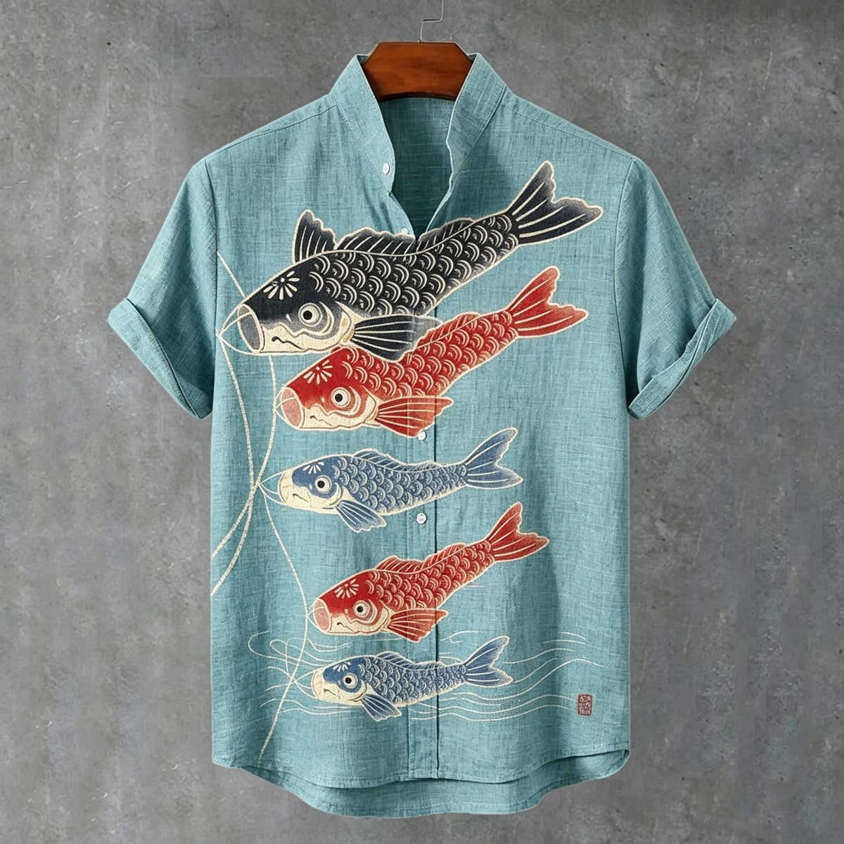 Men's Retro Japanese Art Fish Print Linen Short-sleeve Shirt