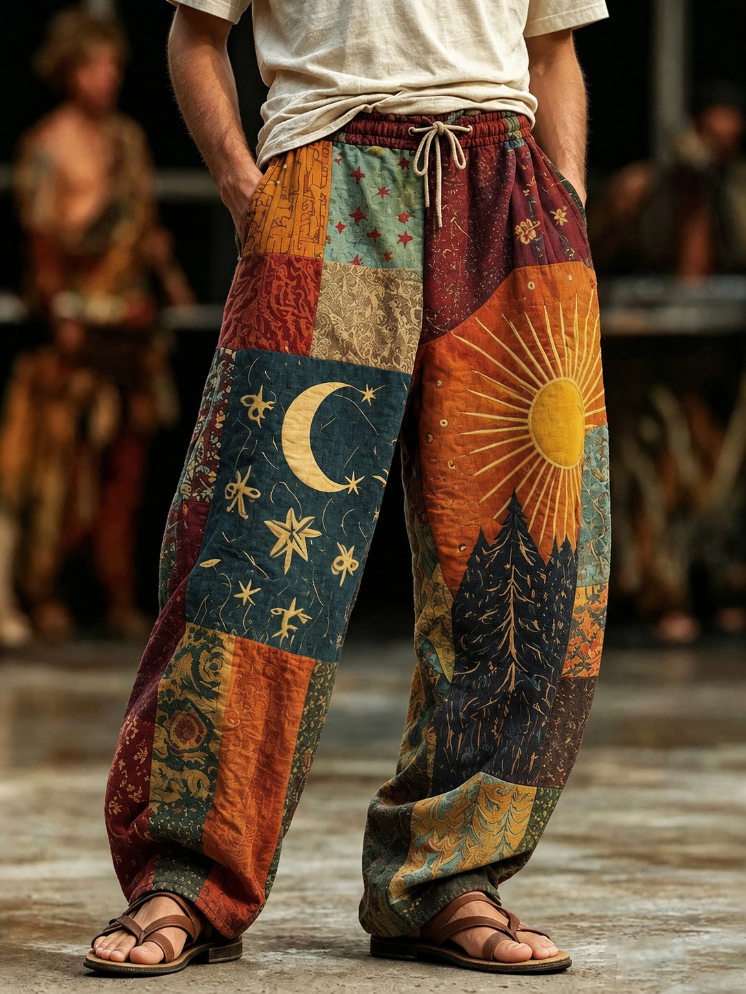 Men's Boho Sun And Moon Hippie Patchwork Art Print Loose Drawstring Waist Pants
