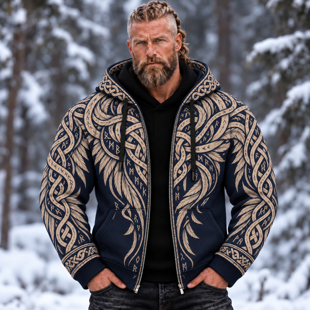 Men's Vintage Viking Celtic Knot Wing Print Zip Up Hoodie