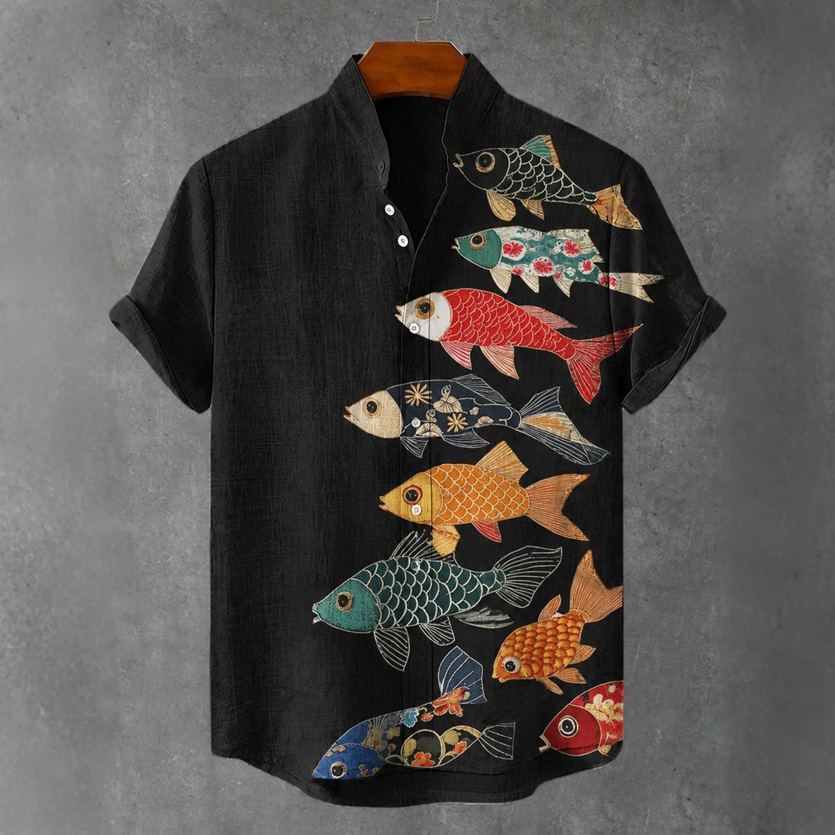 Men's Retro Japanese Art Koi Print Linen Short-sleeve Shirt