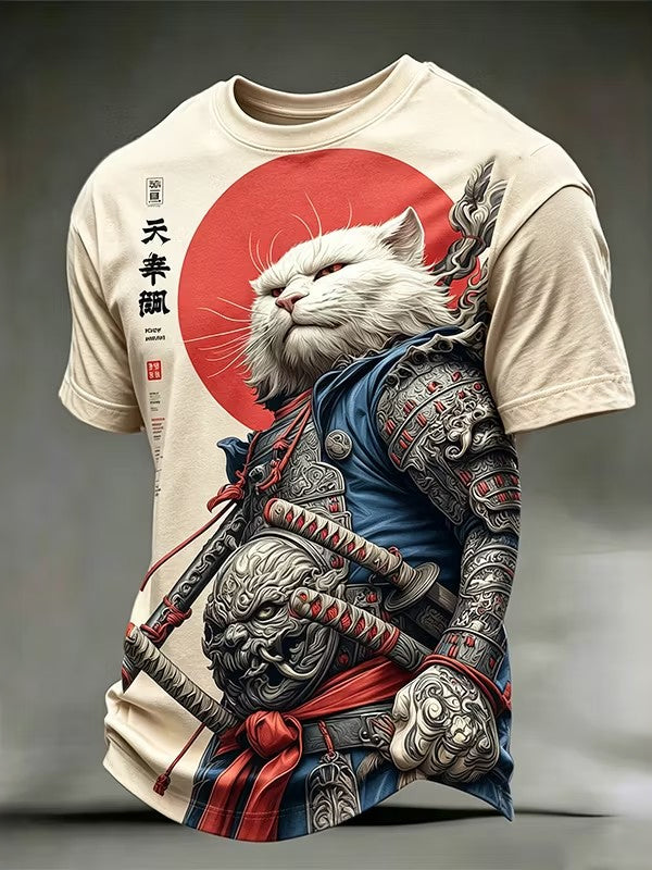 Men's Retro Cat Warrior Japanese Art Patterns Art Print T-shirt