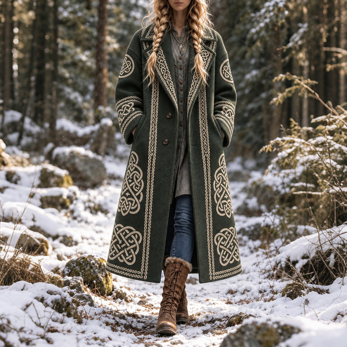 Women's Vintage Viking Celtic Knot Art Long Wool Coat