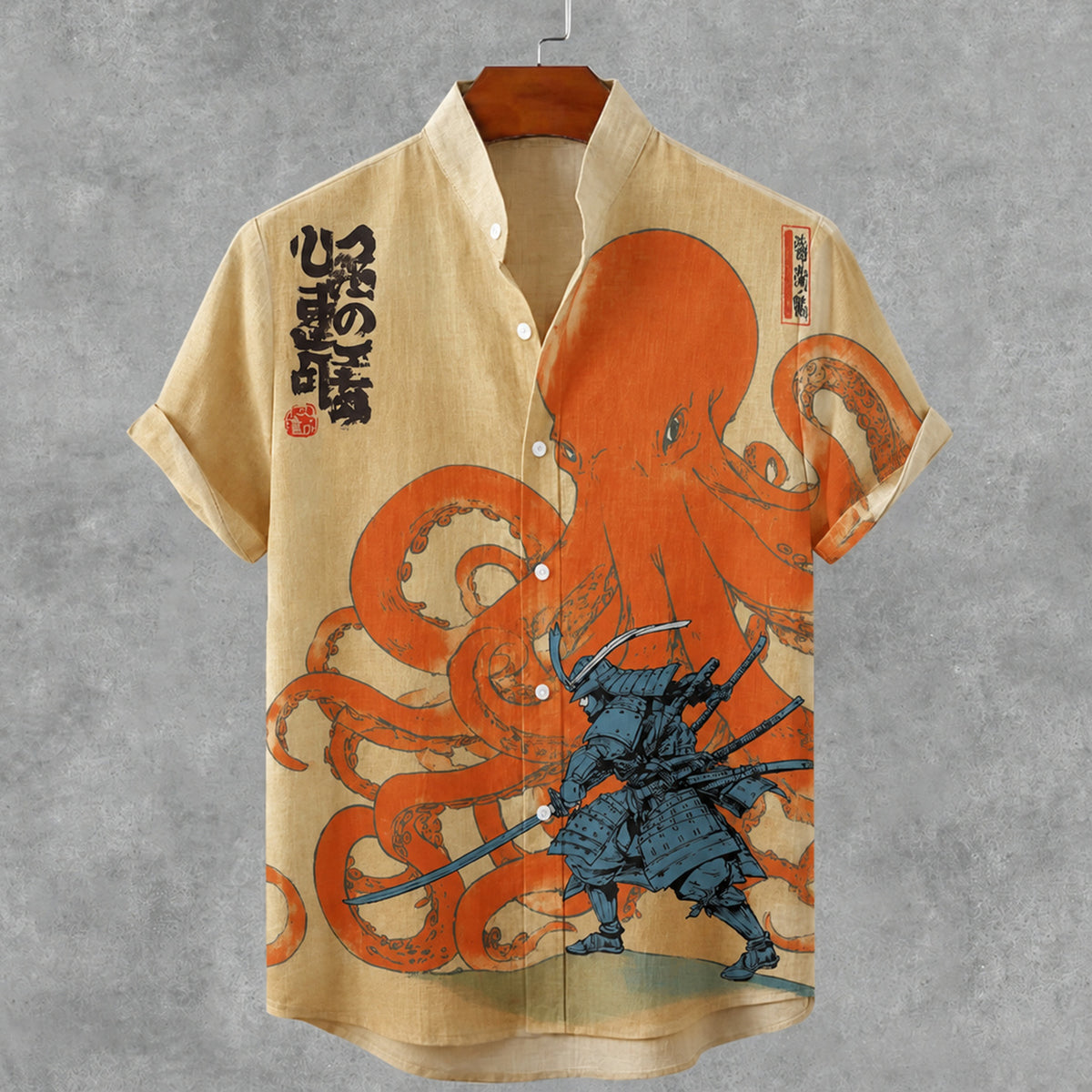 Men's Vintage Japanese Octopus Samurai Art Button Casual Linen Shirt