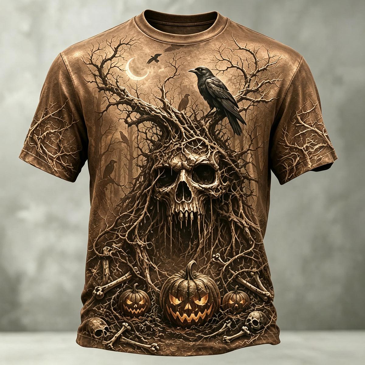 Men's Retro Halloween Skull And Pumpkin Print Casual T-shirt