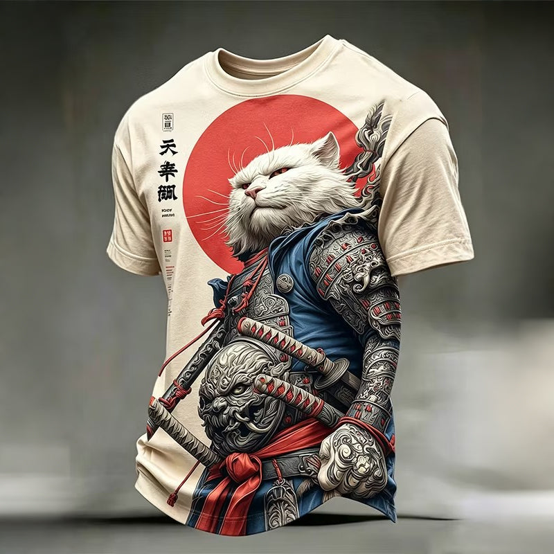 Men's Retro Cat Warrior Japanese Art Patterns Art Print T-shirt