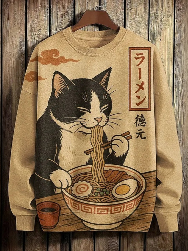 Men's Vintage Japanese Art Cat Eating Ramen Print Crew Neck Casual Sewatshirt