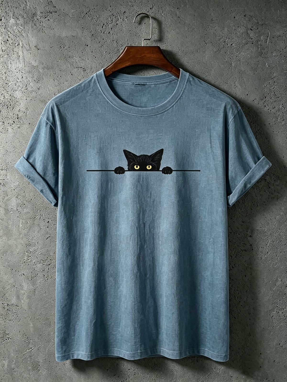 Men's Black Cat Art Print Crew Neck Short Sleeve T-shirt