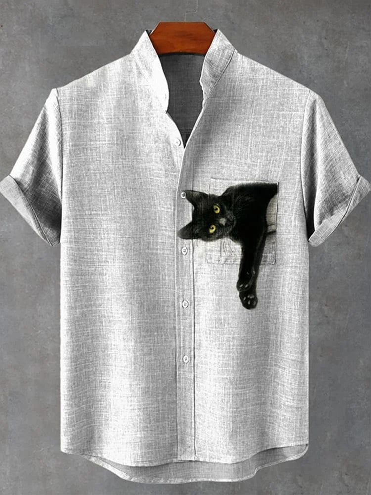 Pocket Black Cat Art Print Casual Shirt