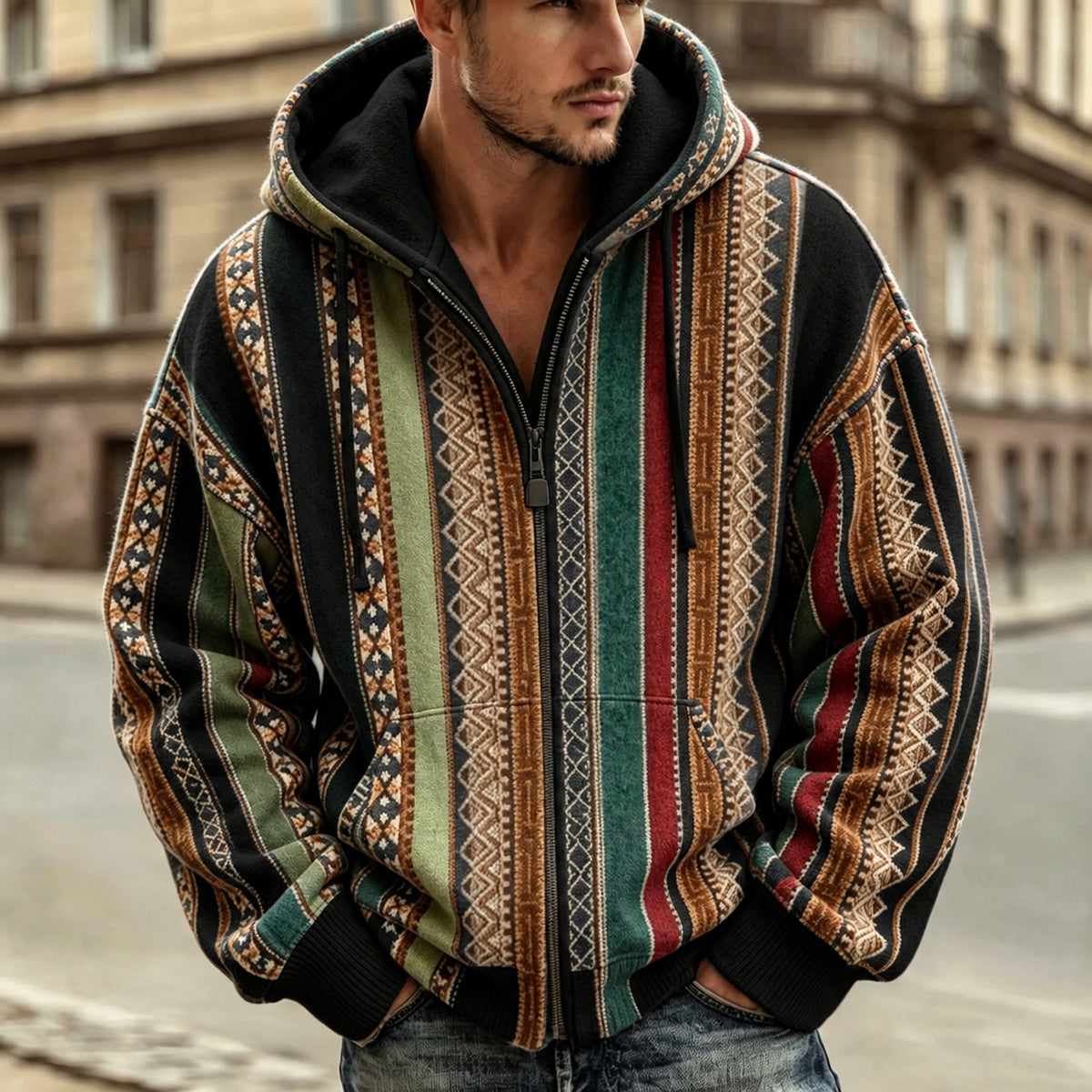 Men's Retro Geometric Ethnic Pattern Casual Warm Zip-up Hoodie