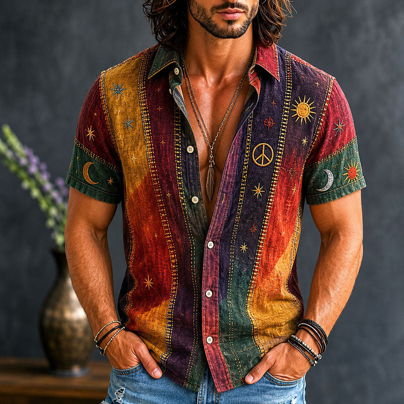 Men's Vintage Patchwork Peace Sign Sun Moon Star Art Print Linen Shirt