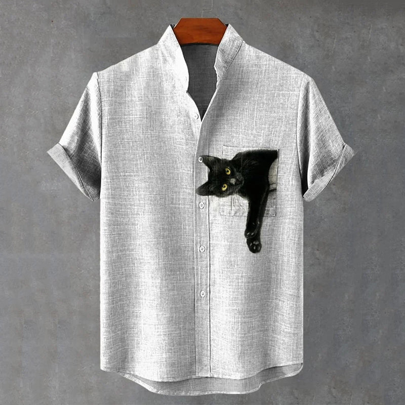 Pocket Black Cat Art Print Casual Shirt