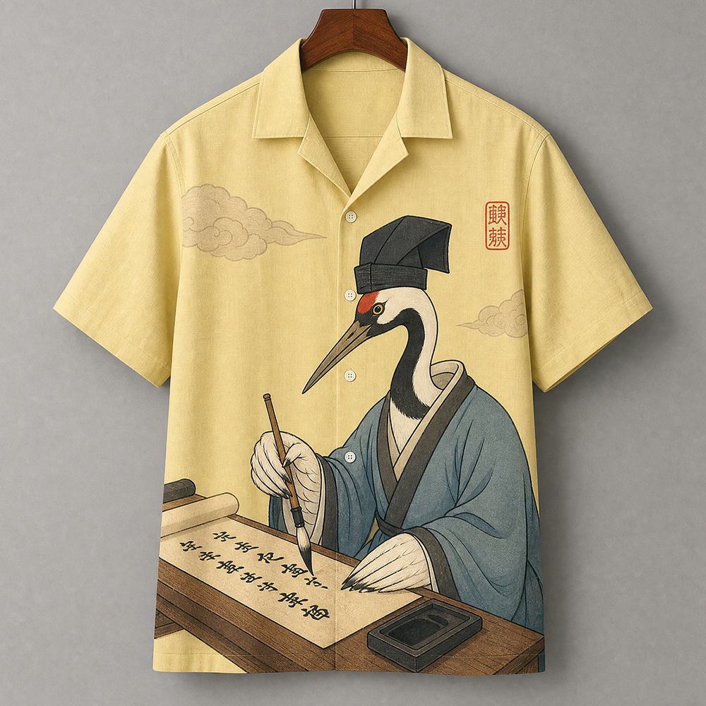 Men's Traditional Chinese Scholar Crane Calligraphy Print Short Sleeve Shirt