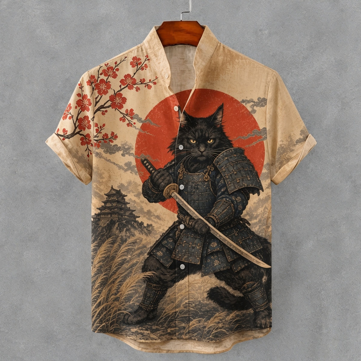 Men's Vintage Japanese Samurai Cat Art Print Button Casual Linen Shirt