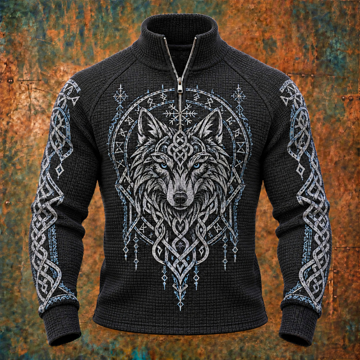 Men’s Vintage Viking Wolf And Celtic Knot Print Long-sleeve Waffle-knit Sweatshirt