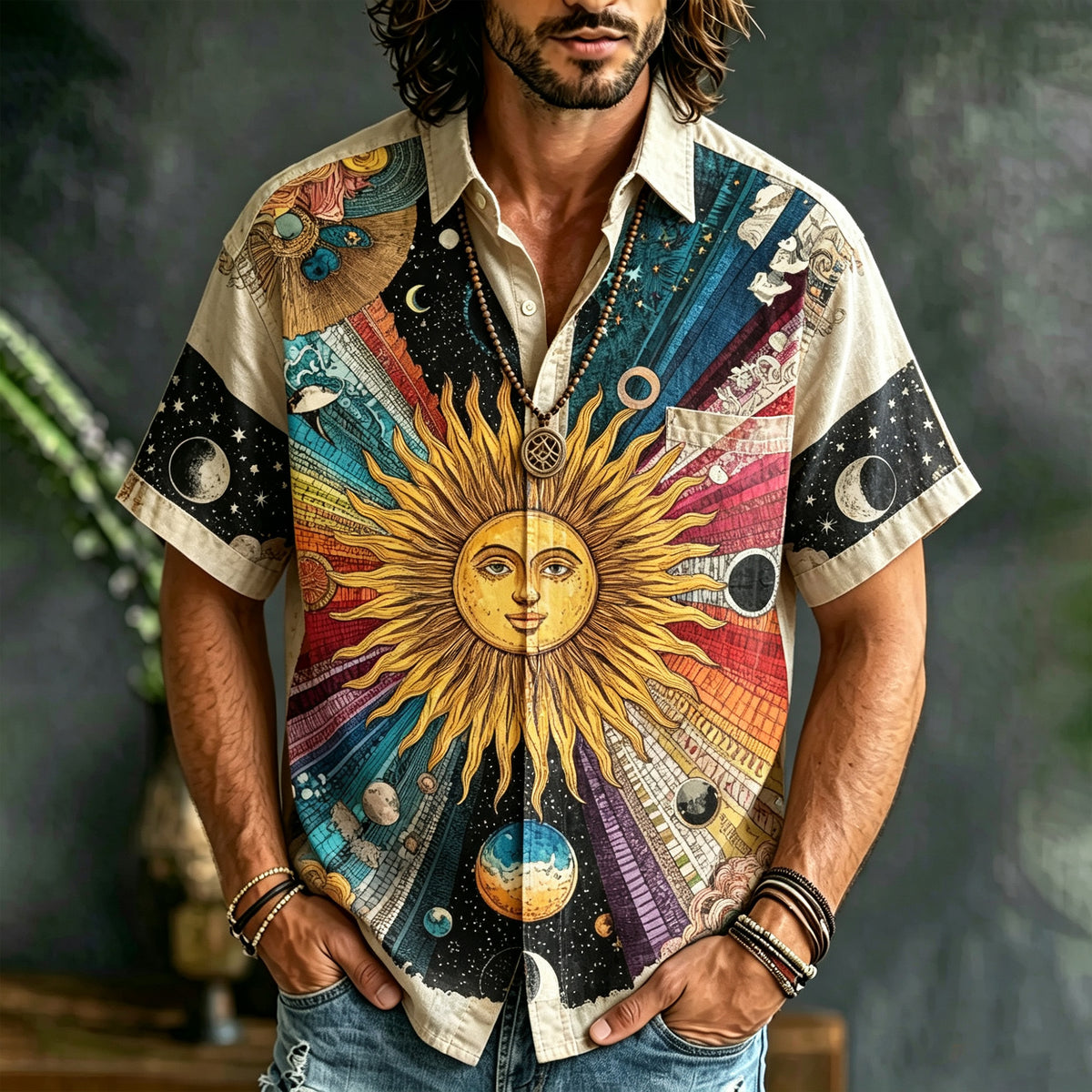 Retro Distressed Hippie Style Celestial Sun God Patchwork Linen Casual Shirt