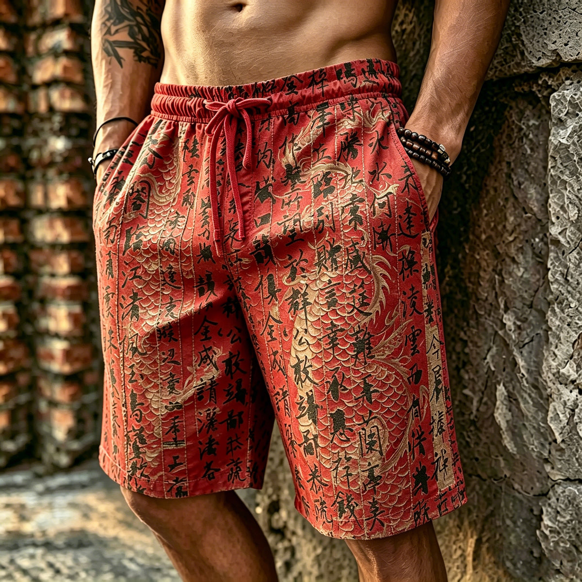 Men's Retro Japanese Dragon And Calligraphy Print Casual Shorts