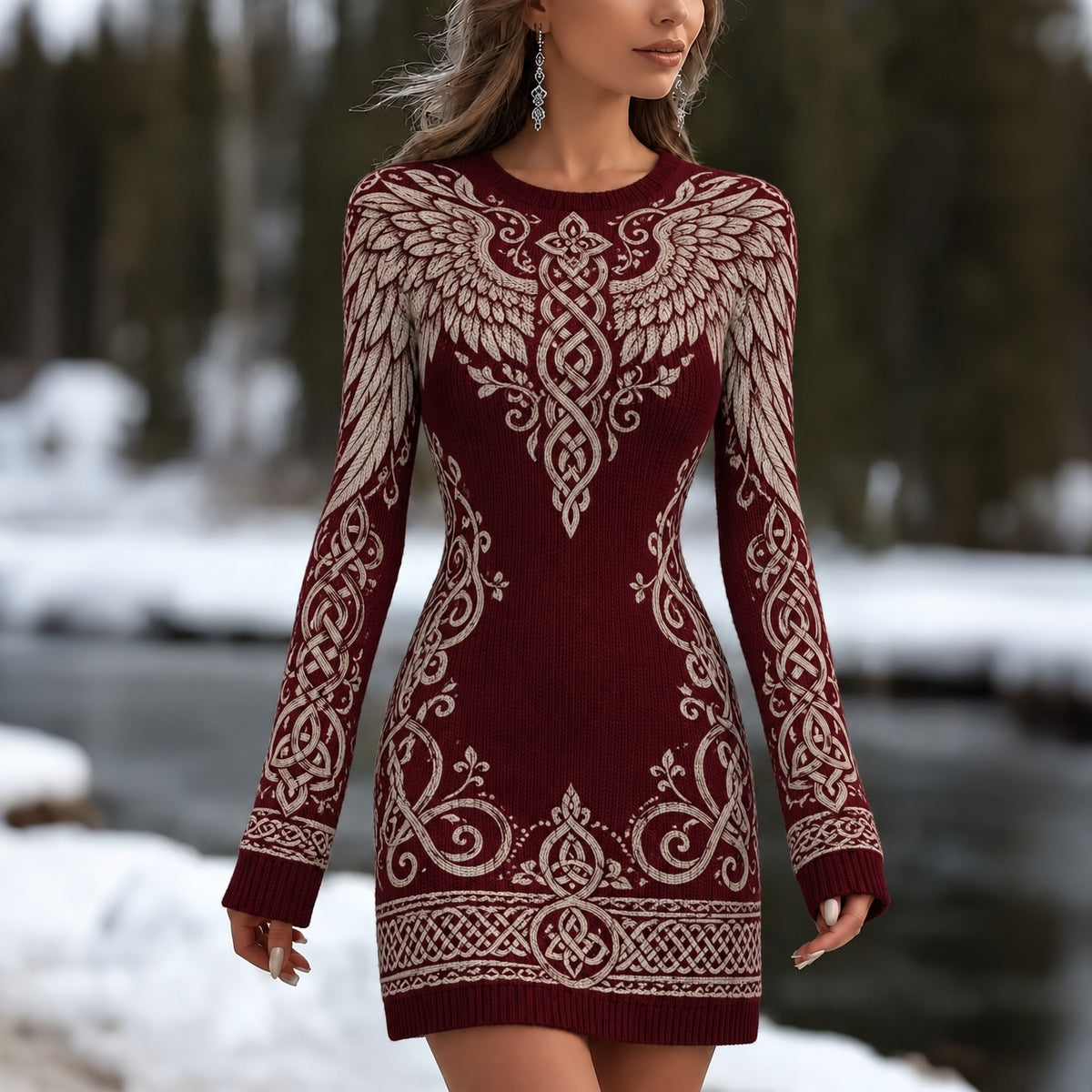 Women's Vintage Viking Celtic Knot With Angle Wings Art Cozy Knit Warm Dress