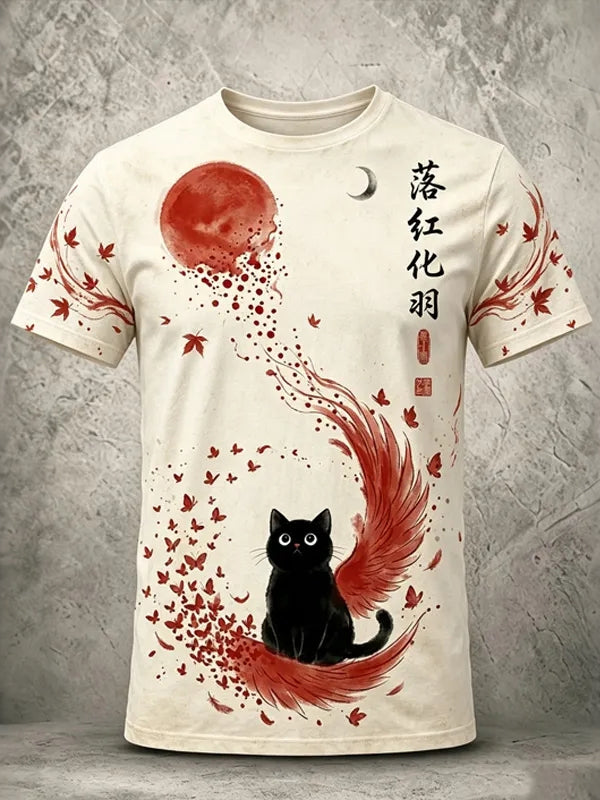 Men's Retro Black Cat Maple Leaf Print Linen Short-sleeve T-shirt