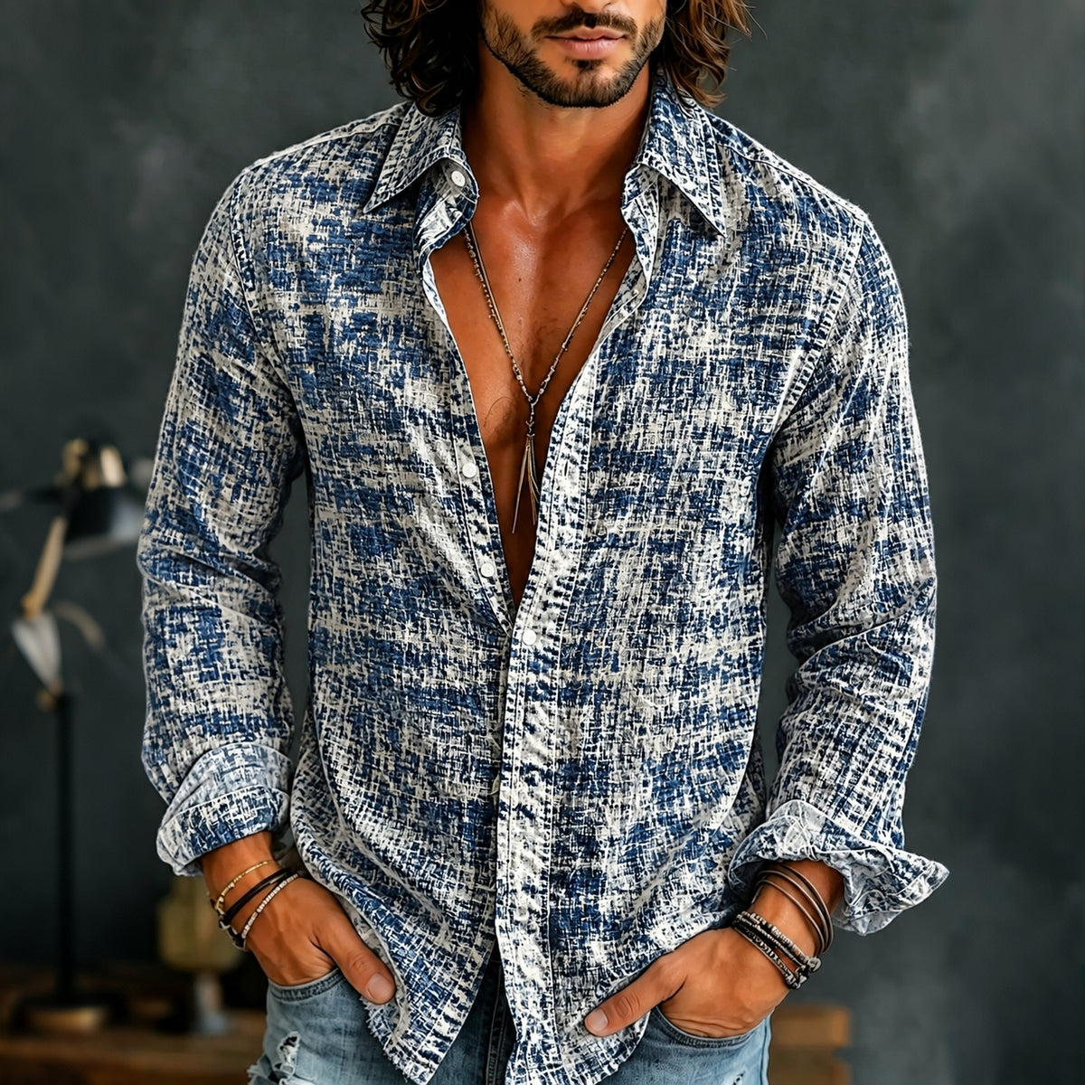 Men's Vintage Gradient Pattern Art Casual Long Sleeve Shirt