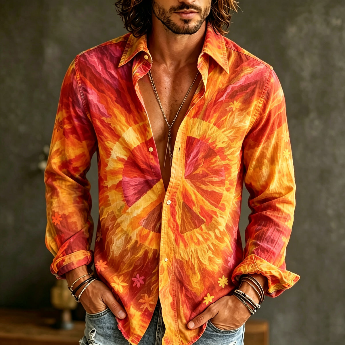 Men's Retro Hippie Style Floral Print Linen Shirt