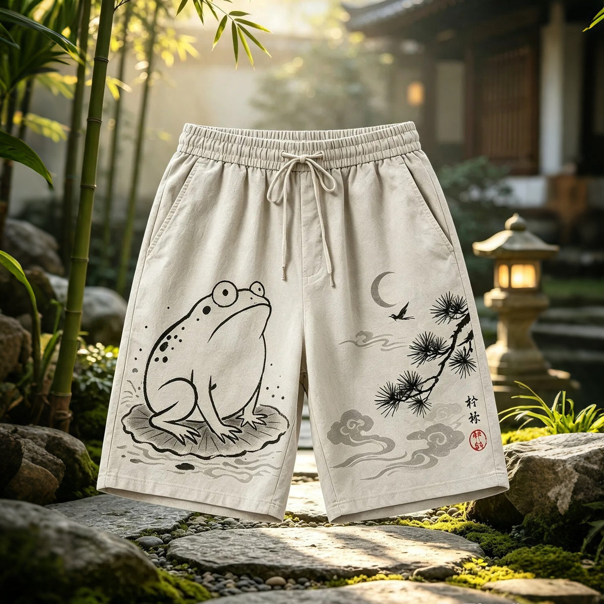 Men's Wabi-sabi Oriental Ink Painting Frog Art Print Casual Shorts