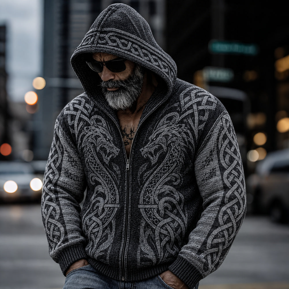 Men's Vintage Viking Dragon Celtic Knot Cozy Warm Knitted Jacquard Zipper Hooded Sweater