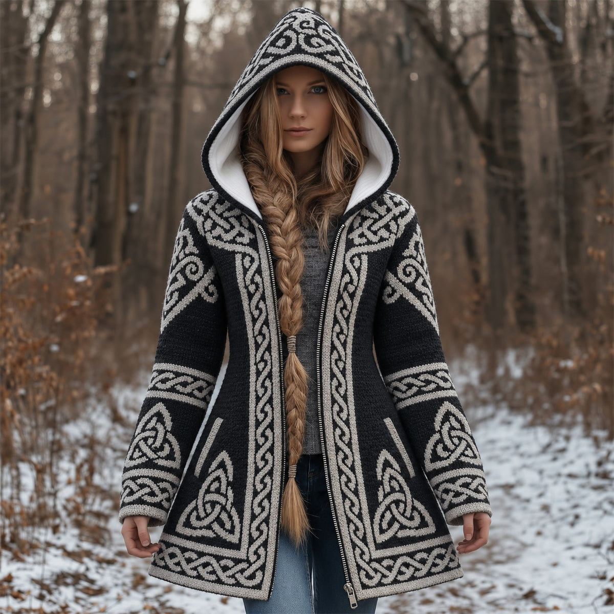 Women's Vintage Celtic Knot Knitted Print  Zipper Sweater Jacket