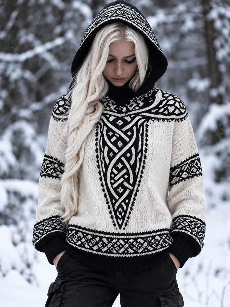 Women's Nordic Celtic Knot Pattern Relaxed Fit Hooded Long Sleeve Knit Pullover Sweater