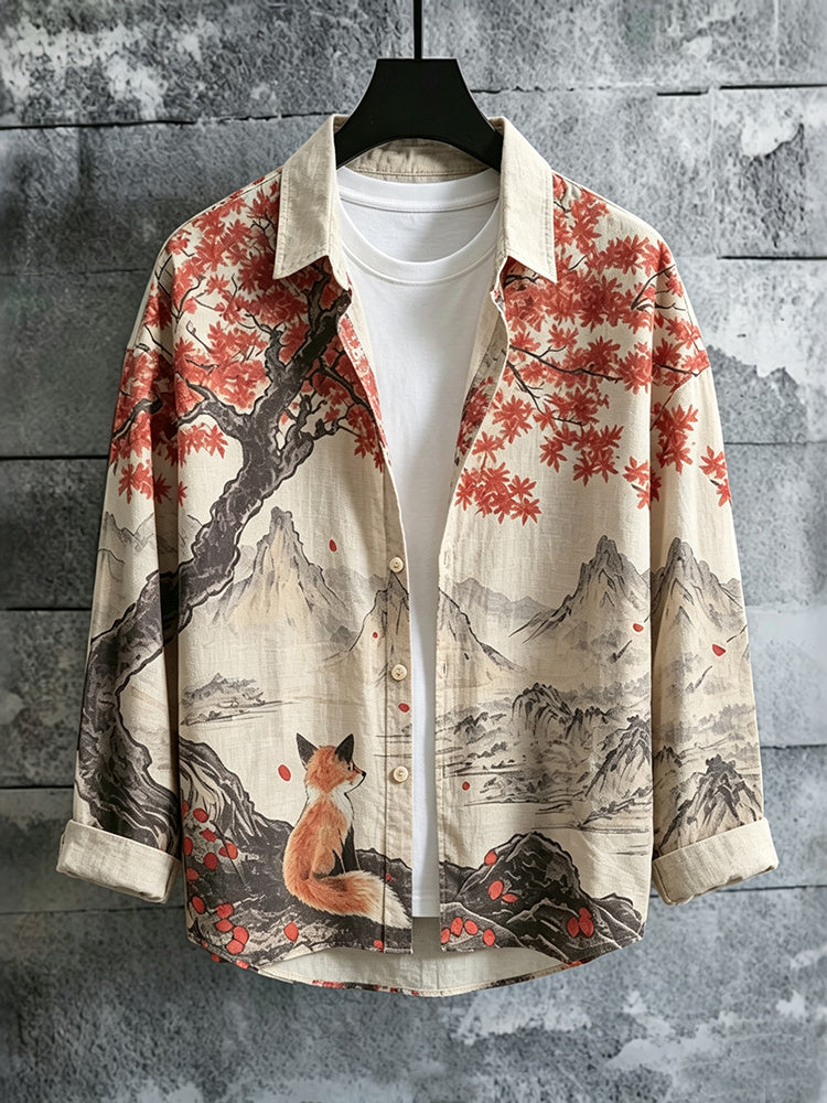 Men's Retro Fox In Fall Landscape Ink Painting Print Long Sleeves Shirt