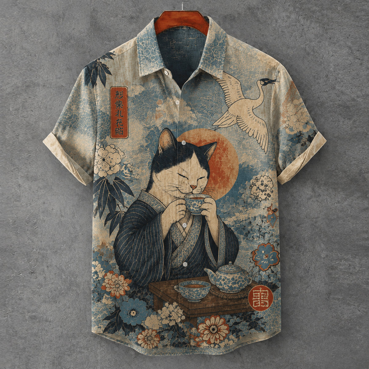 Men's Retro Japanese Art Ukiyo-e Tea-drinking Cat And Crane Floral Print Short-sleeve Shirt