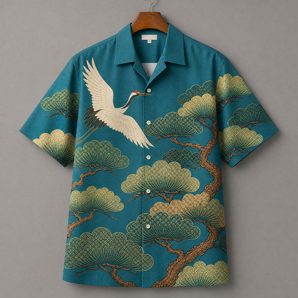 Men's Teal Japanese Pine Tree And Flying Crane Print Short Sleeve Shirt