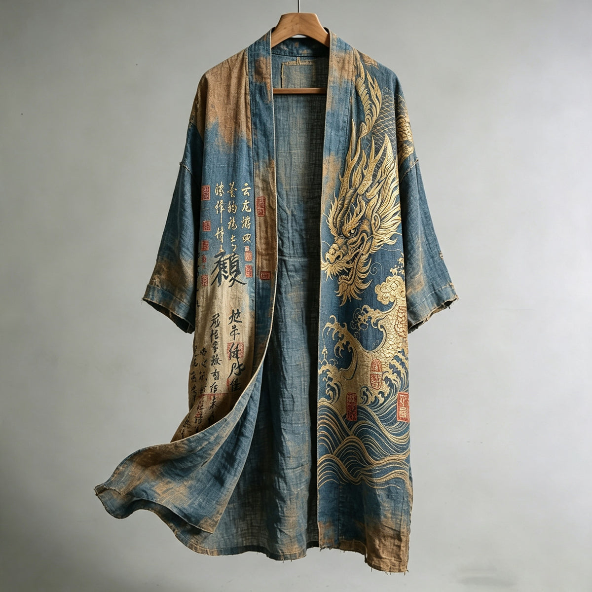 Men's Retro Calligraphy And Dragon Art Print Linen Blend Long Kimono
