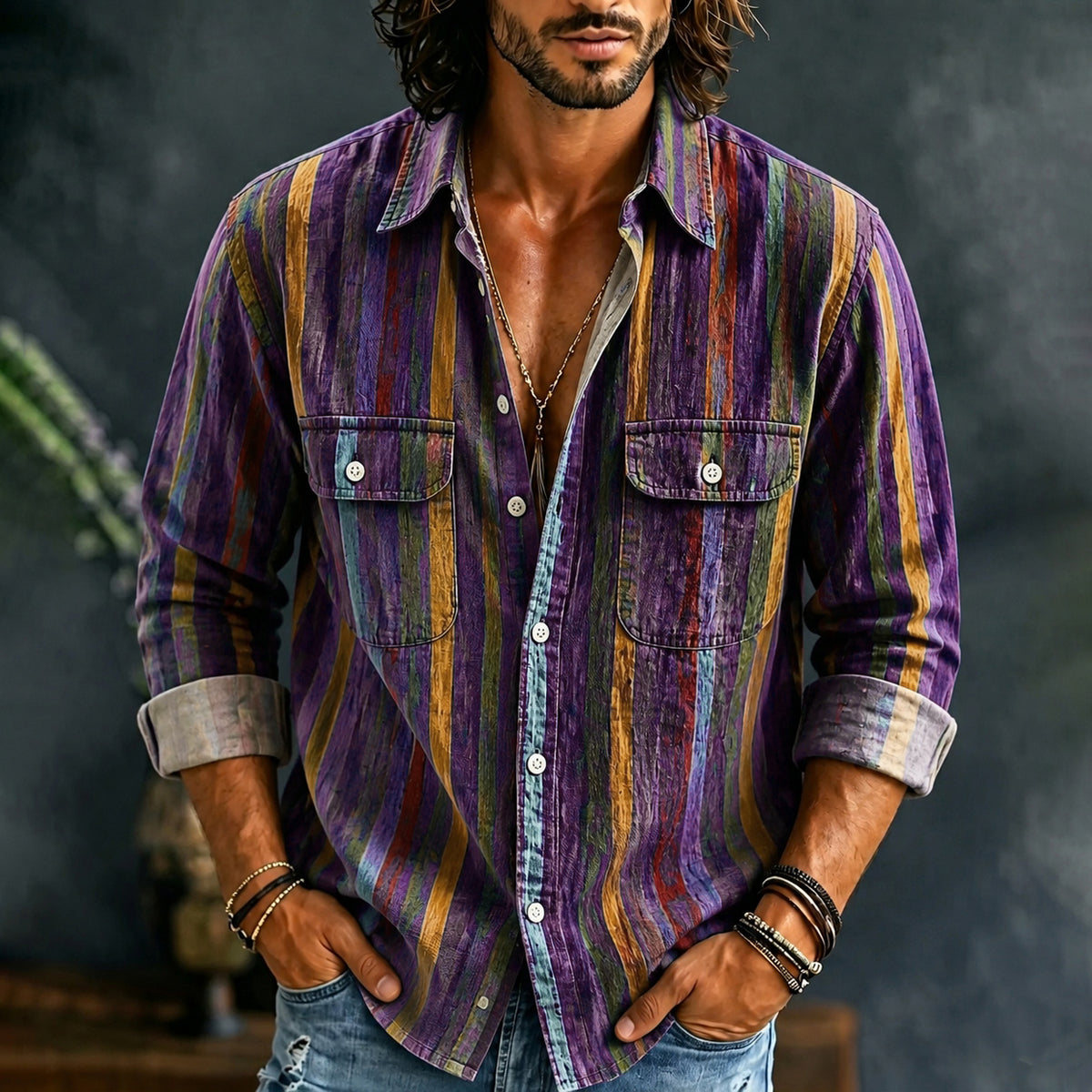 Men's Retro Colorful Stripe Print Pocket Shirt