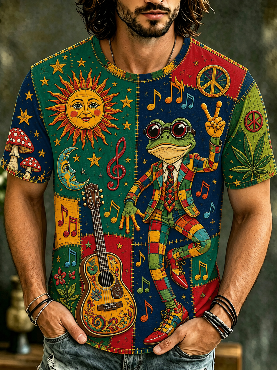 Men's Boho Frog Music Patchwork Psychedelic Peace & Sun Moon Art Print T-shirt