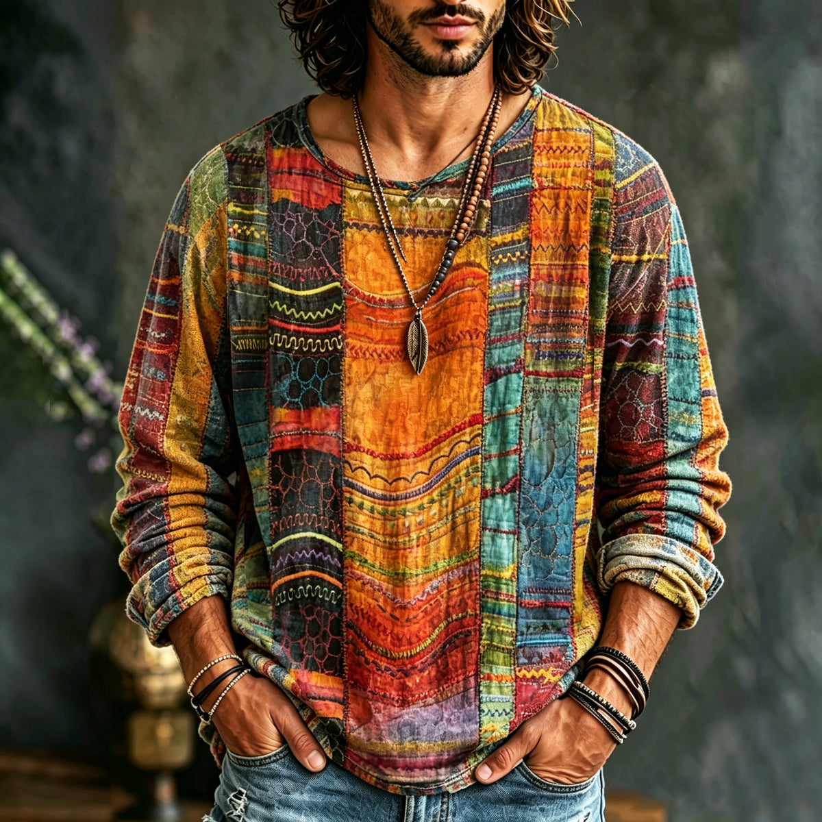Men's Hippie Retro Distressed Rainbow Print Linen Long-sleeve T-shirt