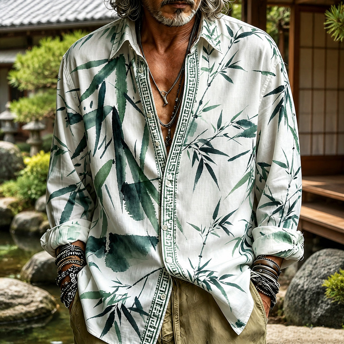 Men's Retro Japanese Bamboo Print Linen Shirt