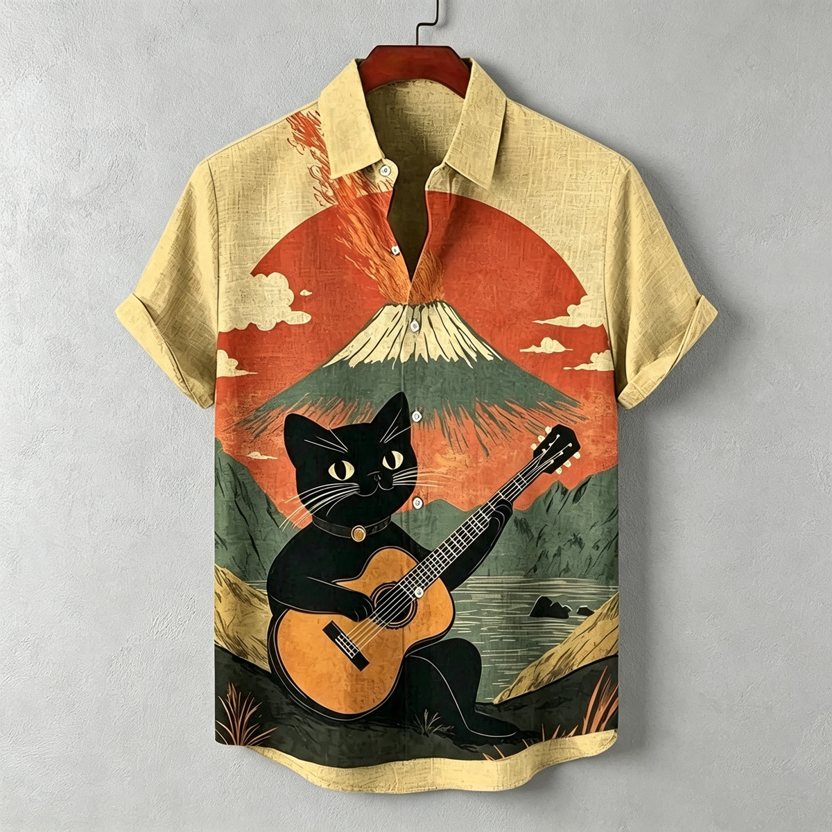 Men's Japanese Art Black Cat Playing Guitar Print Casual Shirt