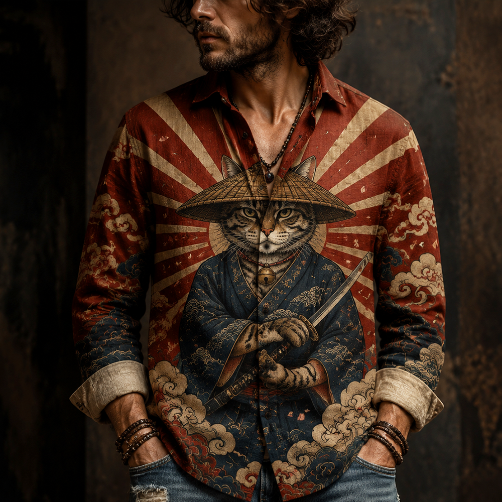 Men's Samurai Cat Kimono Style Shirt - Katana Wielding Feline Graphic Long Sleeve Top
